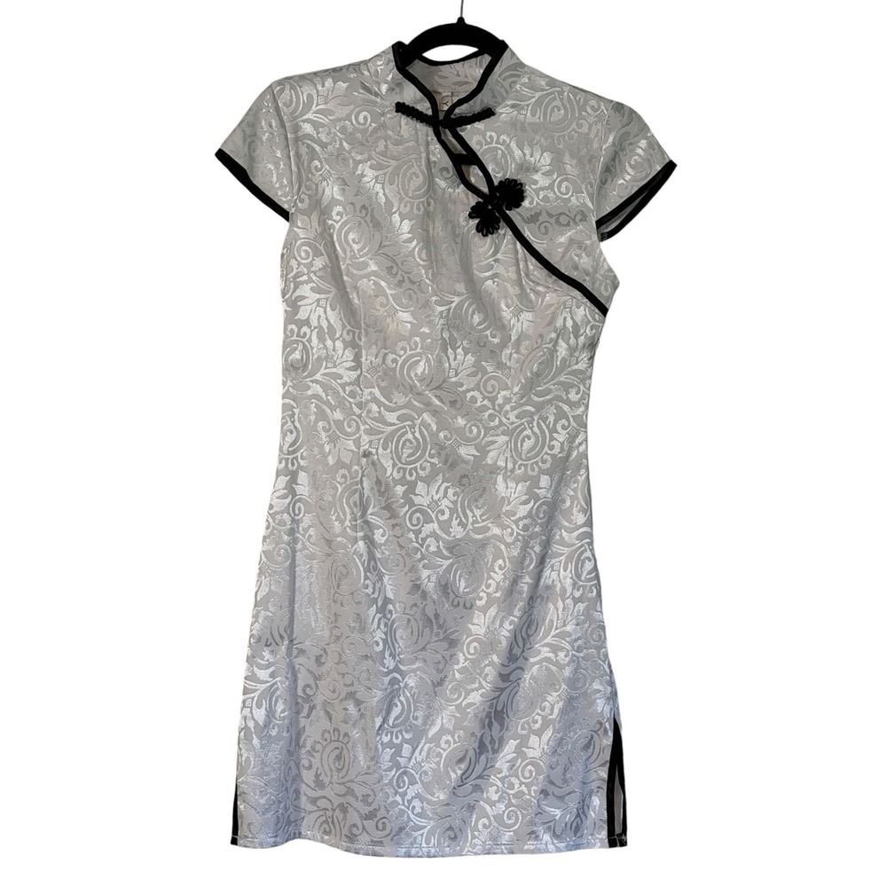 YBF Silver Brocade Cheongsam Qipao Dress Black Frog Closure Asian Mini